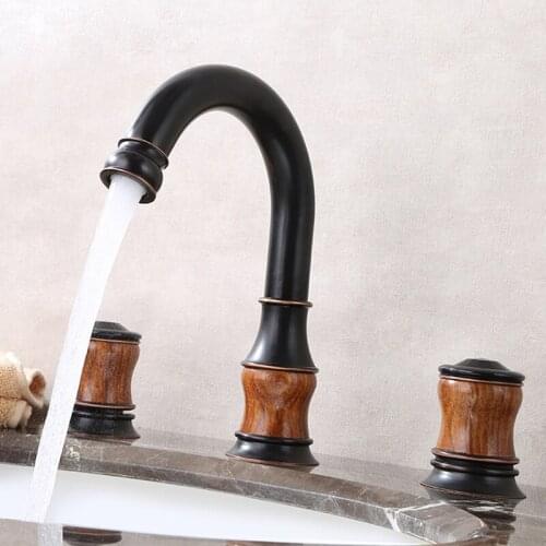 Basin Faucets Bathroom Sink Faucet Black Oil Red Wood Brass 3 Holes Double Handle Luxury Hot Cold Mixer Water Bath Bathtub Taps