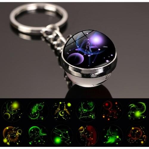Glowing 12 Constellation Keychain Luminous Glass Ball Pendant Zodiac Key Rings Jewelry Birthday Gift Scorpio Leo Libra Keyrings