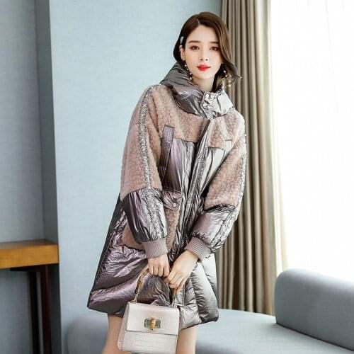 High Quality Lambs Wool Stitching Winter Parkas Women Fashion Loose Thicken Warm Zipper Beading Mid-Length Long Cotton Coat Z844