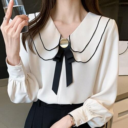 Blusas Mujer De Moda 2021 Bow Autumn Women Solid Chiffon Blouse Shirt Women Tops Long Sleeve Blouse Woman Clothes Blouses Femme