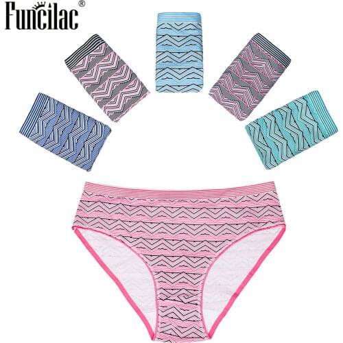 FUNCILAC Plus Size 5pcs/lot Womens Cotton Briefs Sexy Mid-rise Print Panties Patchwork Underwear Briefs For Ladies 2XL-4XL