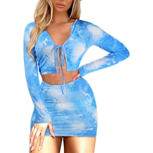 Womens 2 Piece Outfits Long Sleeve Sexy Perspective V Neck Short Top Elastic Printed Mini Skirt Sets Clubs Party Wear Summer