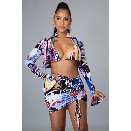 Echoine 4 pcs Summer Swimwear Bikini Set Women Sexy Print Bodycon Long Flare Sleeve Short Jacket Mini Skirt Beach Swimsuit