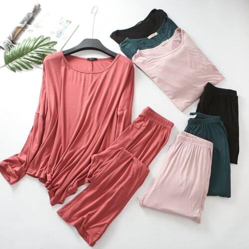 Womens Modal Pajamas Set Hot Sleepwear Set Top Solid Pajama Set 2Piece/Suit Full Sleeves Shirt Pant Lingerie Mom Women Homewear