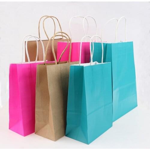 10Pcs/lot Colorful Kraft Paper Bag With Handles Festival Gift Bag Shopping Bags Packaging Bags Wedding Party Favor Boxes