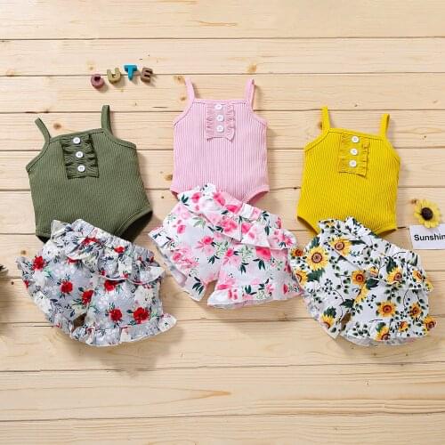 2021-03-09 lioraitiin 2Pcs 0-18M Newborn Baby Summer Tracksuits Solid Color Spaghetti Strap Romper Floral Shorts Suit