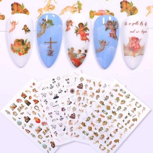 4 Sheets Nail Stickers 3D Self-Adhesive Baby Angels Nail Decals Baroque Flower Leaf Nail Art Stickers Colorful Mixed Nail Decora