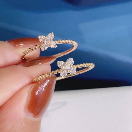 Aazuo 100% 18K Rose Gold Yellow Gold Real Diamonds 4 Leafs Flower Ring for Woman Charm Jewelry Fashion Love Gift tiny thin