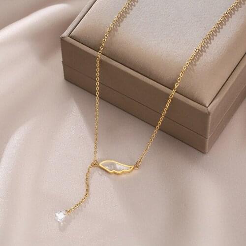 YAOLOGE 316L Stainless Steel Gold Color Wing Pendant Necklace For Women Thin Chain Chokers 2021 Trend Fashion Gift Jewelry Mujer