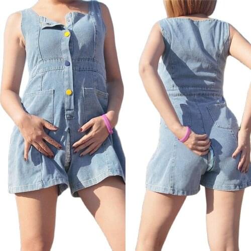 B Denim Dress Jeans Blue Woman Summer One Piece Garment Hidden Zipper Open Crotch Outdoor Car Sex Doggy Flirting Shoulder Strap