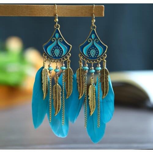 Ethnic Bohemian Brown White Feather Drop Earrings for Women Hippie Jewelry Festival Party Earring Gypsy Turkish Tribal Gift