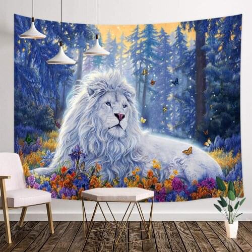 Fantasy Decor Tapestry Lion Safari Theme, Mystic Blue Forest with Flowers and White Wild Animals Custom