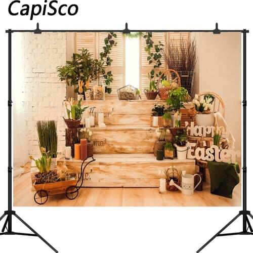 Capisco Photo Background Happy Easter Day Wood Stage Floral Board Wall Rabbit Bunny Wreath Baby Portrait Backdrop Studio props