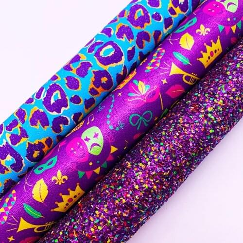 Purple Chunky Glitter Fabric, Leopard Printed Synthetic Leather, Halloween Faux Fabric Sheets Bow 21x29CM Twinkling Ming KM262