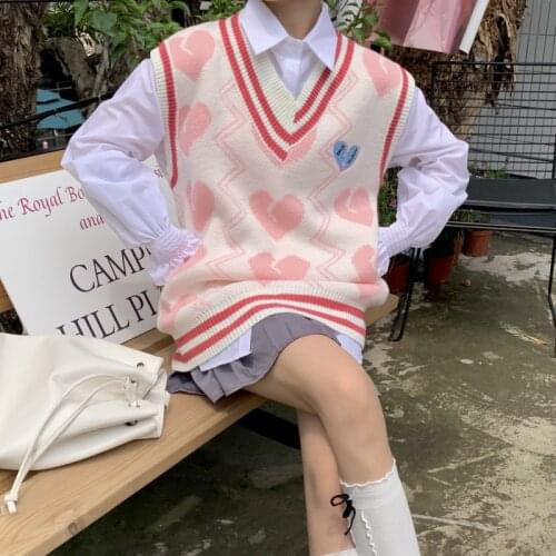 Kawaii Pink Sweater Vest Women 2021 Autumn Winter V Neck Knitted Vest Sleeveless Jecket Winter Clothes chaleco mujer