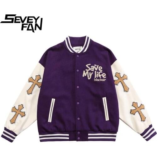SEVEYFAN Mens Retro Cross Towel Embroidery Baseball Jacket Hip Hop PU Leather Patchwork Coat for Couples