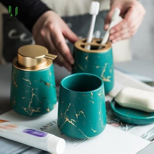 UNTIOR 3Pcs/Set Marbling Ceramic Bathroom Accessory Set Soap Dispenser Mouthwash Cup Soap Dish Toothbrush Holder Bathroom Set