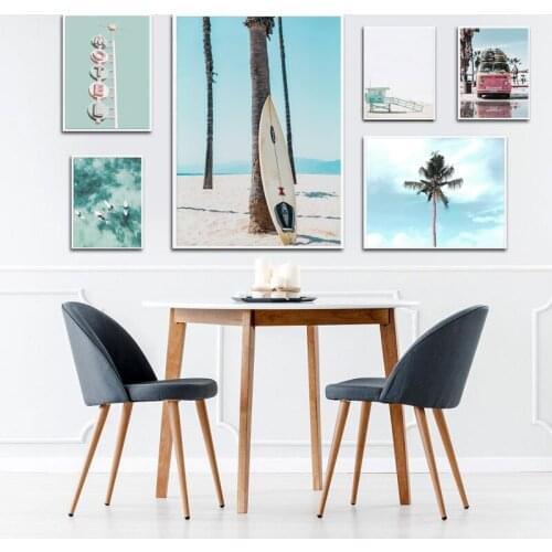 Ocean Beach Scenery Painting Picture Travel Canvas Poster Nordic Print Nature Landscape Red Bus Wall Art Modern Room Decoration