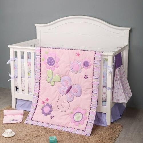 New 2015 good quality 7pcs Appliqued Baby Cot Crib Bedding set for girl Comforter / Quilt Fitted Sheet Bumpers Skirt