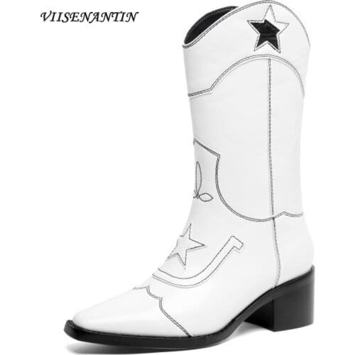 New Autumn and Winter Western Cowboy Style Pointed Five-pointed Star Thick Mid-heel Cowhide Fashion Womens Mid-up Boots