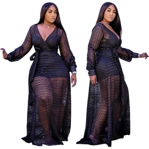 Plus Size Black Sexy Dress Sets Wholesale Fashion Streetwear Mesh Maxi Dresses Women Party Birthday Club Outfits Dropshipping