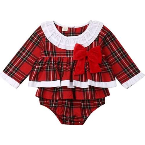 Focusnorm Xmas Toddler Baby Girl Christmas Bodysuit Petals Long Sleeve Patchwork Plaid Dress Jumpsuit Autumn Outfit Clothes