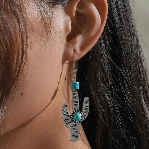 Bohemian Carved Cactus Earrings Vintage Beaded Turquoise Retro Antique Silver Color Geometric Plants Drop Dangle Ethnic Jewelry