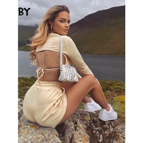 SRUBY Lace Up Crop Top And Shorts Tracksuit Backless O-neck 2 Piece Set Women Long Sleeve Sexy Stretch Sport Matching Set 2020