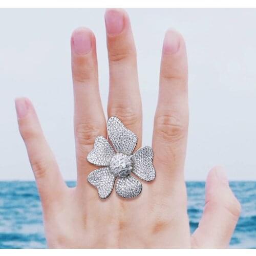 ModemAngel Luxury Bloom Flower Cubic Zirconia Engagement Dubai Naija Bridal Cocktail Finger Resizable Ring