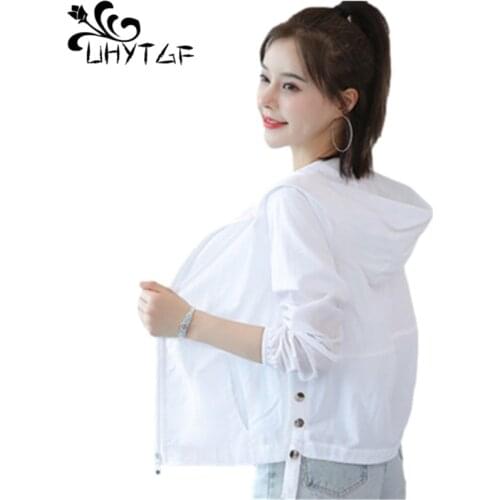 UHYTGF Hooded Summer Coat Womens Anti-UV Breathable Thin Sunscreen Clothing Long-Sleeved Short Jacket Femme Plus Size Tops 1384