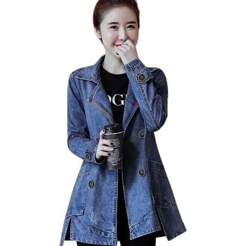2021 New Womens Denim Jacket Spring Autumn Jean Jackets Female Fashion Double Dreasted Long Sleeve Loose Casual Trench Coats