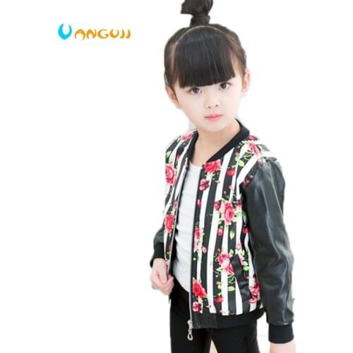 Girls fashion jacket pu coat for kids 3-9 years o neck long sleeve printing Striped flower camouflage mosaic all match jacket