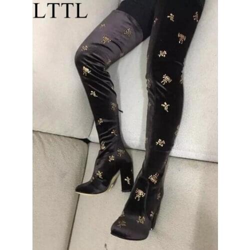 Large Size 11 Top Selling Brand Embellished Velvet Over-the-Knee Boots Round Toe Thick Heel Black Blue Long Boots For Women