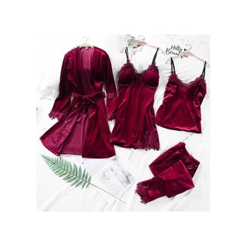 Daeyard Velvet Pajamas Sets Women Sexy Lace Robe Pajamas Sleepwear Autumn Winter Warm 4pcs Pyjamas Nightwear Elegant Home Wear