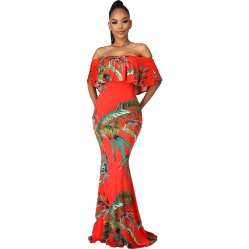 S-XXL Ruffle Plain Floral Printed Off Shoulder Bodycon Long Party Maxi Dress