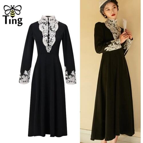 Tingfly Women Victorian Vintage Elegant Black A Line Dress Spring Autumn Lace Patchwork Midi Long Casual Retro Dress Vestiti D