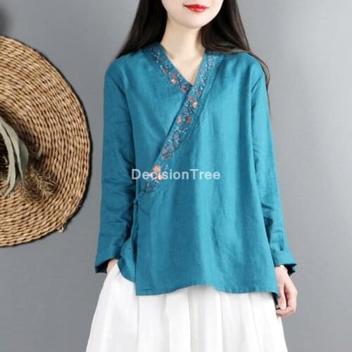 2021 womens casual linen full sleeve shirt chinese cheongsam blouse womens qipao blouse flower print round collar blouse