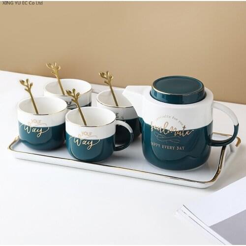 650ml Teapot Dark Green Gold Rim Ceramic Tea Set 220ml Coffee Cup Mug Creative Simple Home Afternoon Tea Water Cup Storage Tray