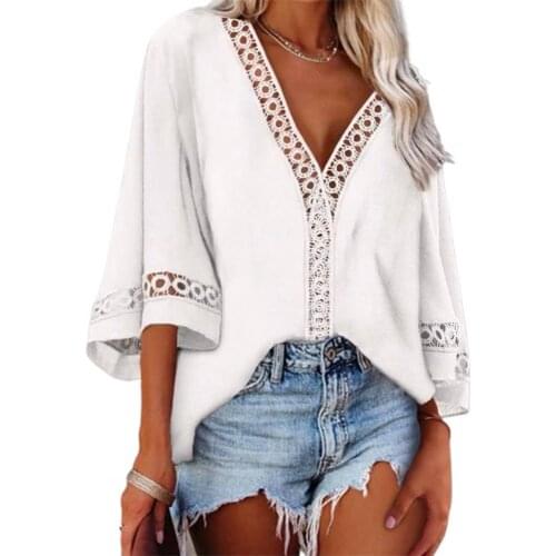 Women Shirt Summer V-Neck Solid Color Ladies Lace Stitching Tops Hollow Out Bell Sleeve Solid Color Loose Blouse for Female