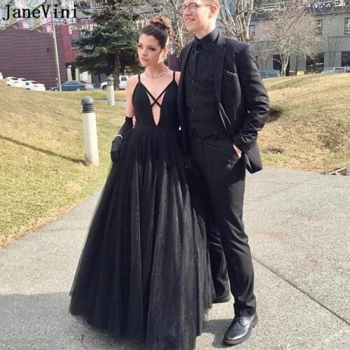 JaneVini 2021 Black Deep V Neck Long Evening Dresses A Line Tulle Backless Floor Length Sexy Dress Plus Size Formal Party Gowns