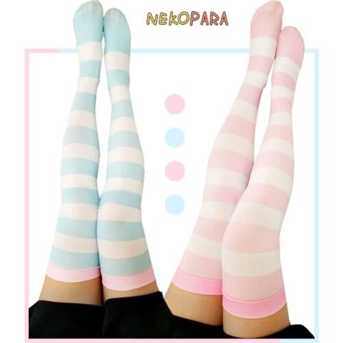 Cat Paw Bottom Blue & Pink Striped Womens Lolita Over-knee Stockings Velvet Thigh High Long Stockings Cosplay Good Qaulity
