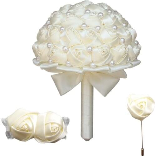 Cheap Ivory Bridesmaid Wedding Foam Bouquets Ribbon Pearl Beaded Bouquet Customized Bridal Bouquets Set T1380