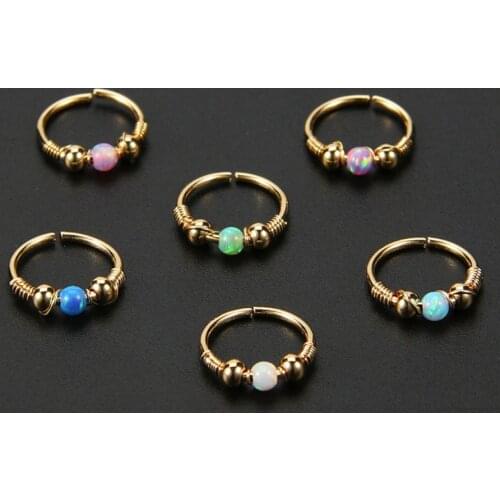 1Pc Retro Round Beads Nose Ring Stud Ear Nostril Hoop Body Rose Gold Silver Color Plated Piercing Jewelry Earrings Opal Lip Nail