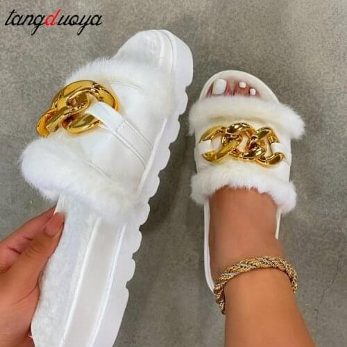 Furry Fur Slippers Platform Faux Fur Slides Fluffy Flip Flops Plush House Slippers Cozy Flat Sandals Womens Fashion Shoes 2021