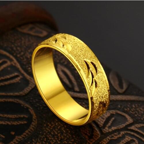 Brass 24K Gold Ring Couples Frosted Carving Mens Womens Rings Fashion Daily Wear Jewelry Unisex
