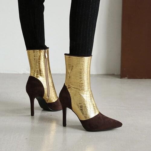 2021 New Fashion Autumn Spring Women Mid Calf Boots Ladies Sexy Thin High Heel Zipper Boots Golden Silver Pointed Toe Shoes