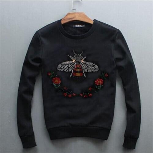 2021 Autumn And Winter New Leisure Warm Quality Bee Rhinestone Hoodie Round Neck Wild Bodybuilding Simple Sweatshirt