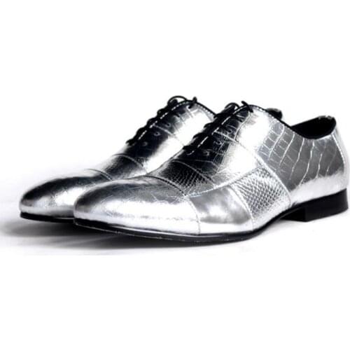 New genuine leather lace up casual shoes for men oxfords handmade fashion silver men shoes