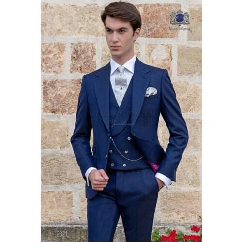 New Arrival Two Buttons Blue Groom Tuxedos Groomsmen Notch Lapel Mens Suits Blazers (Jacket+Pants+Vest+Tie) W:1025