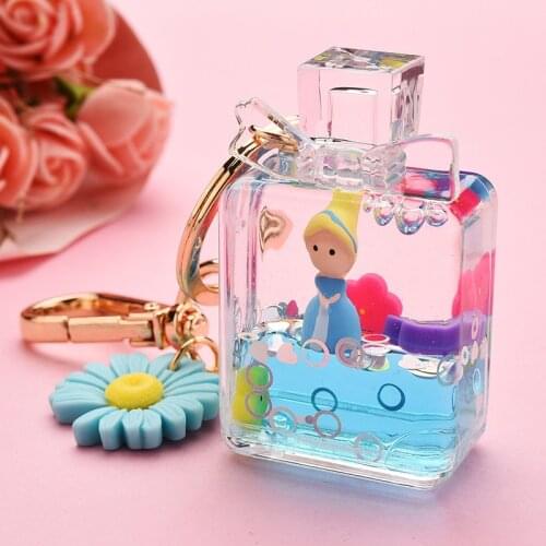 New Perfume Bottle Keychain Cartoon Girl Keychain Liquid Quicksand Sequin Key Ring Bag Pendant for Women Girl Party Jewelry Gift